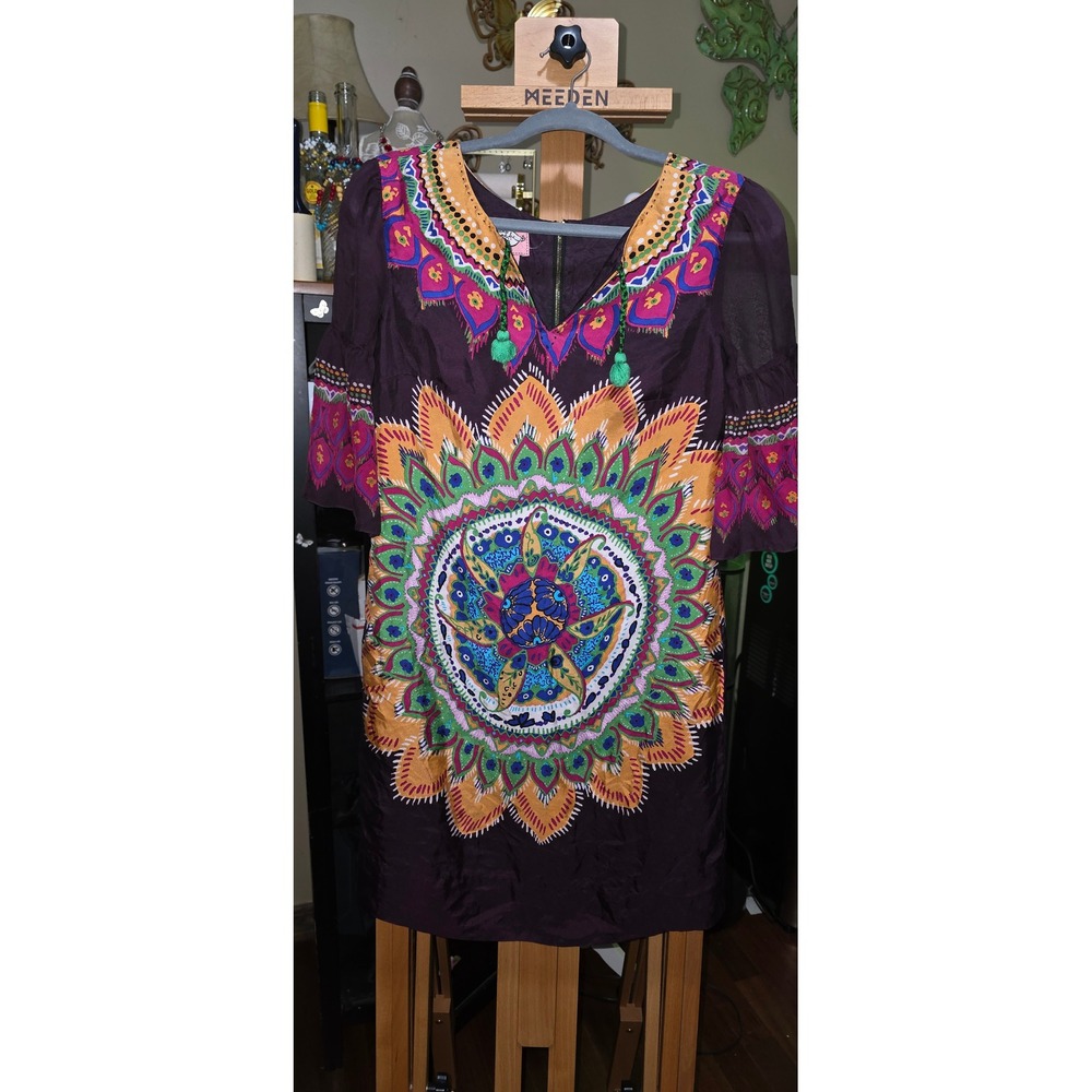 Phoebe Couture Silk Shift Dress Purple Mandala Sunburst Tassel Boho Mini Size 2